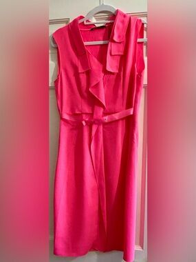 NWT TAHARI SIZE 2 Sleeveless Ruffle-Front Dress  sour watermelon front/back belt